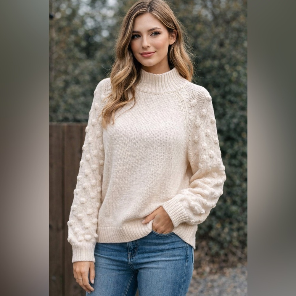 Vince Camuto | NWT Size Large Cream Sweater with Pom Pom Sleeves